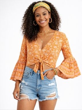 American Eagle Boho Festival Bell Sleeve Tie Front Top Medium Floral Whimsical